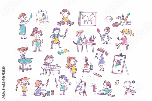 Cartoon cute doodles of children painting and creating art projects during arts and crafts time in kindergarten, Generative AI