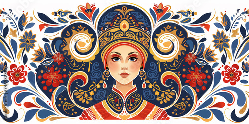 A flat vector illustration of a slavic woman in kokoshnik. Russian woman wearing a national headpiece. Slavic patterns and character. photo
