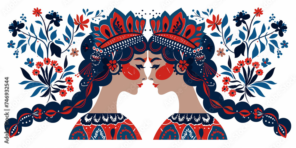 Fototapeta premium A flat vector illustration of a slavic woman in kokoshnik. Russian woman wearing a national headpiece. Slavic patterns and character.