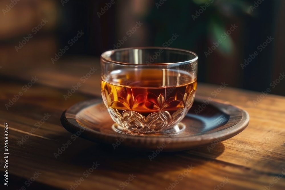 A transparent tea cup on a wooden table A transparent tea cup on a wooden table