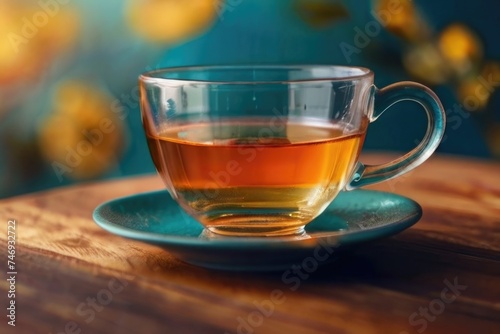 A transparent tea cup on a wooden table