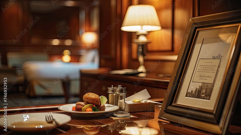 MidjourneyA high-quality photo of a luxury hotel room desk,  