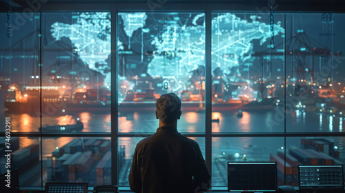 A logistic hub uses advanced AI to optimize the routing of transport ships visualizing container movement in a high tech control room