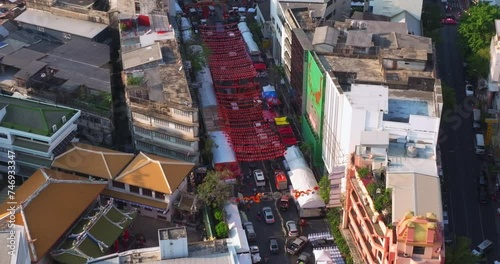 An aerial view of the Yaowarat road or Chinatown, The most famous tourist attraction in Bangkok, Thailand. photo