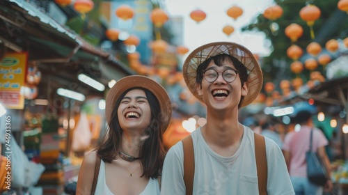Young Asian couples enjoy and have fun outdoor lifestyle together in street market on summer holiday vacation in Bangkok, Thailand. Happy man and woman feeling surprised about how beautiful the city © Sasint