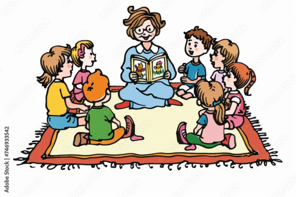Naklejka premium Cartoon cute doodles of a kindergarten teacher reading a storybook to a group of children sitting on a cozy rug, Generative AI