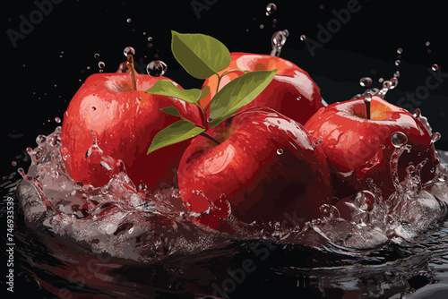 ripe red apples in splashes of water on a dark background generated by AI