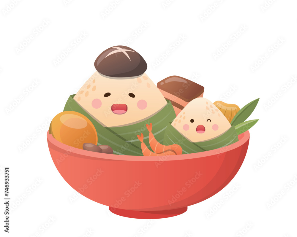 Naklejka premium Chinese Dragon Boat Festival, cute and playful zongzi cartoon character, steamed glutinous rice, vector illustration