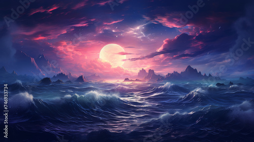 Generate a romantic interstellar setting with elegance shading to highlight the beauty of the waves