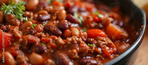 Delicious Bowl of Homemade Chili and Beans with a Spoon Ready to Serve, Comfort Food Concept