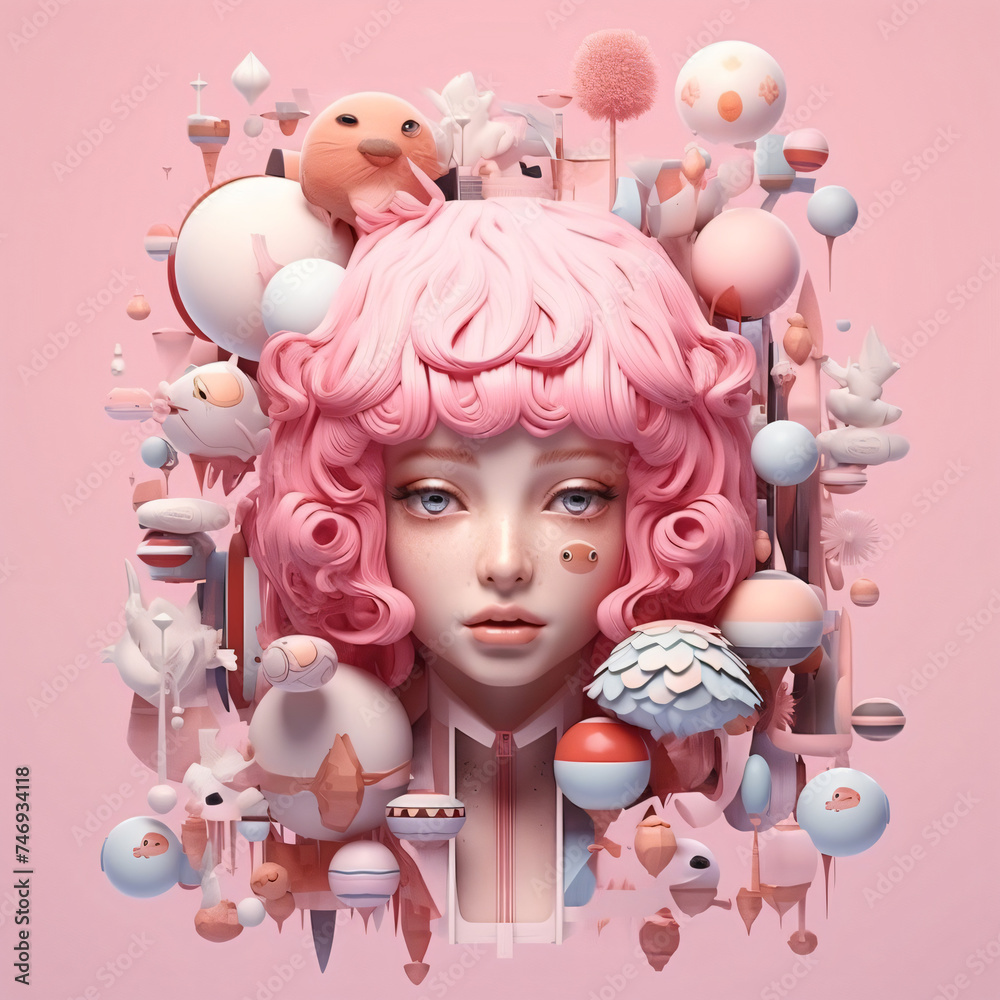 Fantastic 3D pastel color composition with the head of a beautiful Japanese style porcelain doll with pink hair among various rounded shapes, bubbles and other objects.