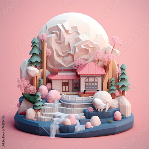 Japanese 3D Multicolor Landscape with Private House, Waterfall, and Mountains - fantastic concept.