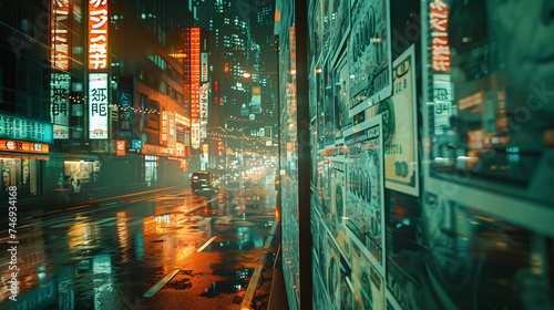 A dark and rainy street in a city with bright lights and reflections.