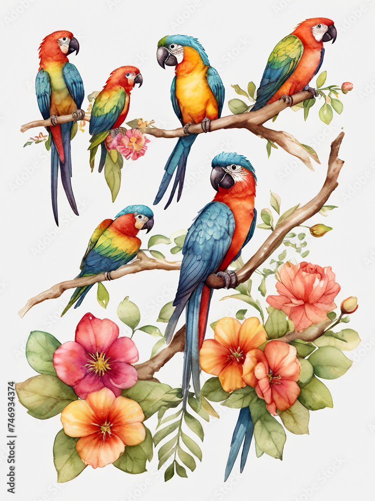 Set of parrots on a branch with flowers. Watercolor illustration, Isolated white background