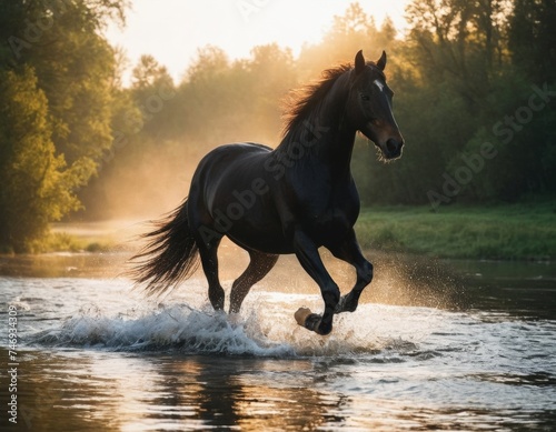A black horse runs through the shallow waters of a fast and clear river. A lot of splashing from under the hooves. Foggy morning, sun rays through fog. Vibrant colors