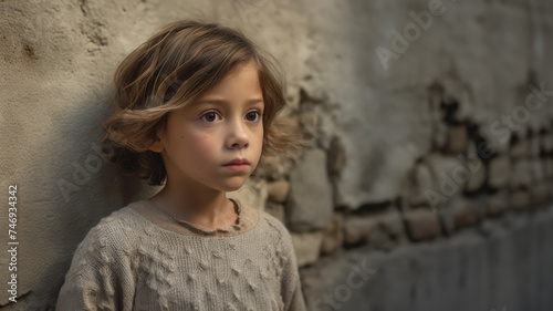 Outdoor portrait of a young boy with long hair and wearing a knit sweater while standing against an old wall. He is staring off into the distance. © Daniel L