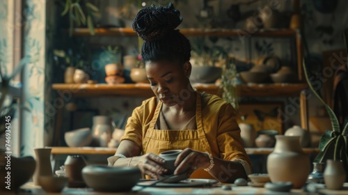 Woman crafting pottery with focus and care in her workshop.