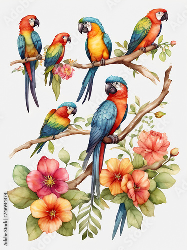 Set of parrots on a branch with flowers. Watercolor illustration  Isolated white background