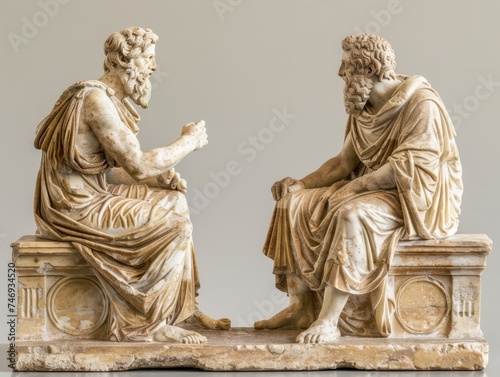 Ancient Greek philosophers discussing AI ethics, thought-provoking