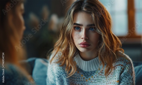 Mental health, Young depressed woman talking to lady psychologist during session. Female psychologist listening to young lady during personal session photo