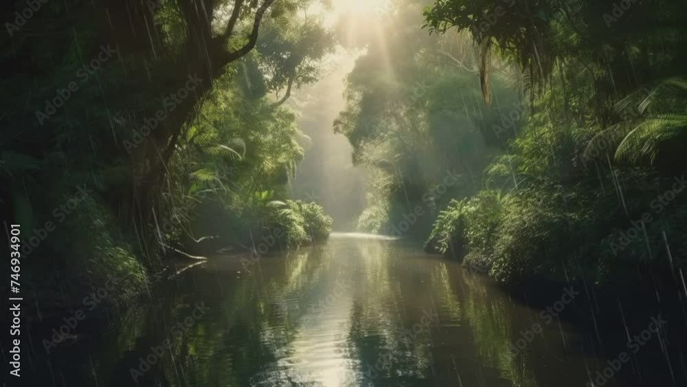 River flowing between green forest trees