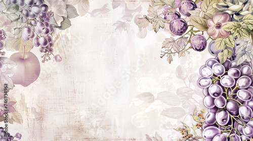 Vintage shabby sheek background with fruit and flowers. Beautiful shabby chic illustration with space for writing. photo