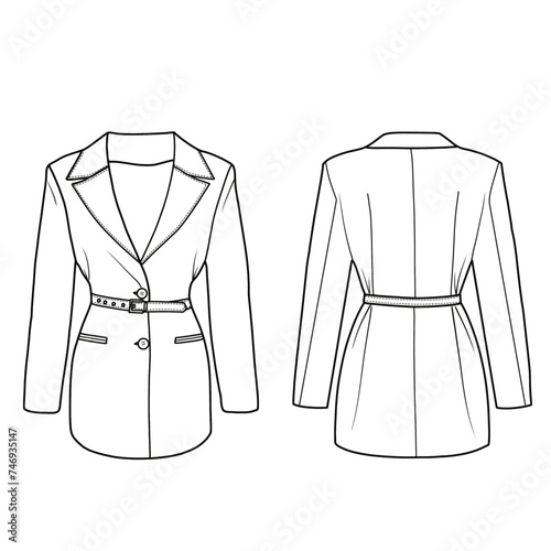 Technical sketch drawing of a women's blazer jacket with belt and pocket, front, and back view. Flat sketch vector. Isolated on a white background.