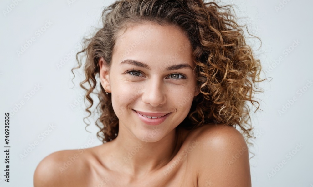 Studio shot of a beautiful young happy woman with perfect skin, curly hair and white teeth over gray background Studio shot of a beautiful young happy woman with perfect skin, curly hair and white teeth over gray background