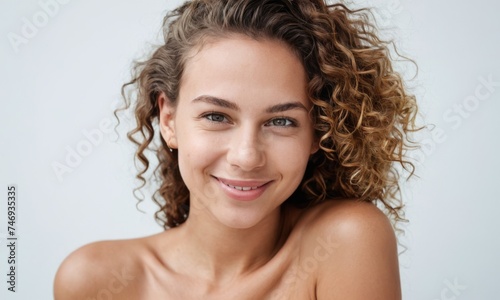 Studio shot of a beautiful young happy woman with perfect skin, curly hair and white teeth over gray background