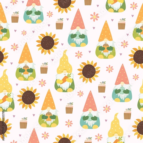 Seamless Pattern With Sunflowers Gnomes