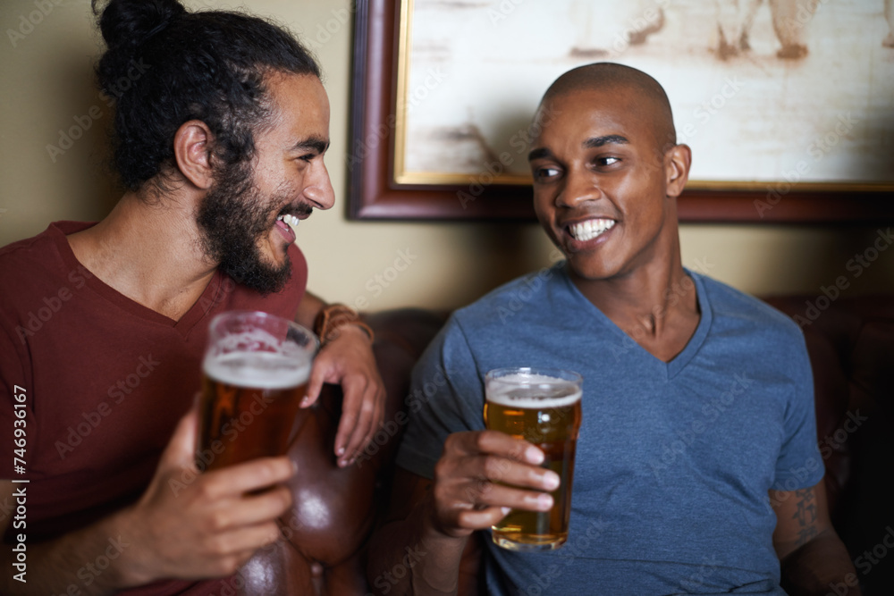 Friends, men and happiness in pub with beer for happy hour, relax or social event with conversation. Diversity, people and drinking alcohol in restaurant or club with smile for bonding or celebration