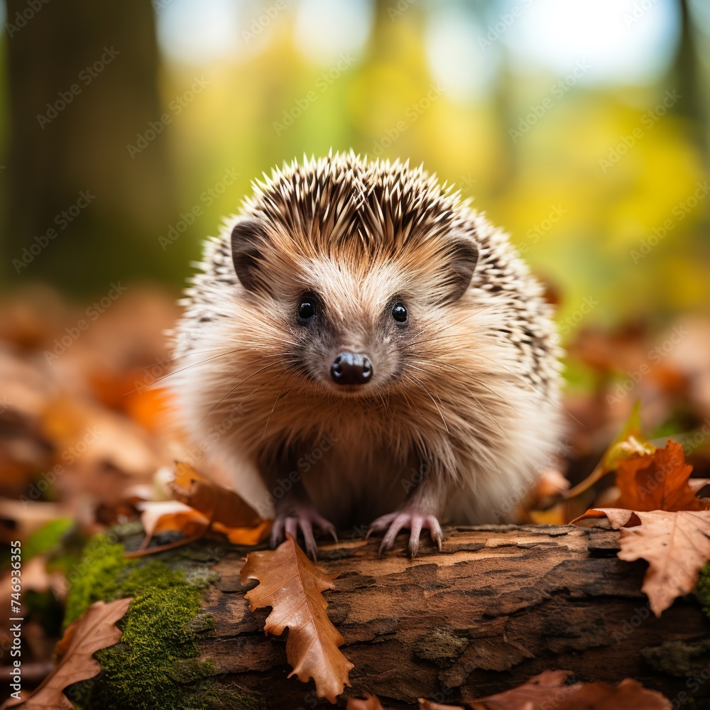 a cute Hedgehog cub standing on a log in spring with tropical forest background a cute Hedgehog cub standing on a log in spring with tropical forest background