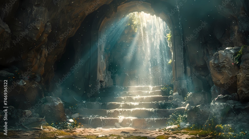 A depiction of the empty tomb, with beams of light streaming in through the entrance. - obrazy, fototapety, plakaty 
