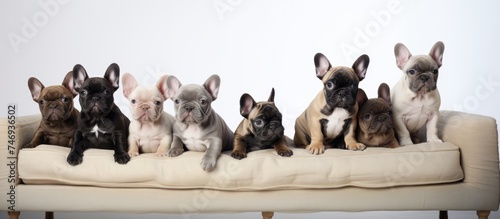 A group of adorable French bulldog puppies are sitting together on top of a couch, their small bodies relaxed against the upholstery. They appear calm and content, blending in with the white backdrop