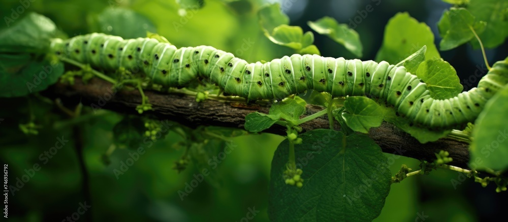 A bright green caterpillar with black stripes is slowly moving along a tree branch, showcasing its unique markings and crawling behavior. The caterpillar is surrounded by green leaves and bark. A bright green caterpillar with black stripes is slowly moving along a tree branch, showcasing its unique markings and crawling behavior. The caterpillar is surrounded by green leaves and bark.