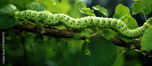 A bright green caterpillar with black stripes is slowly moving along a tree branch, showcasing its unique markings and crawling behavior. The caterpillar is surrounded by green leaves and bark.