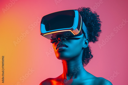 VR headset. Woman wearing virtual reality goggles. Future technology concept.