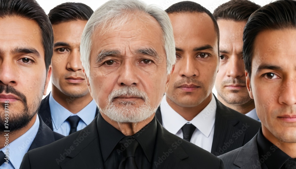 Portrait of very serious elderly business man in black suit. Group of variety of other serious people as background Portrait of very serious elderly business man in black suit. Group of variety of other serious people as background
