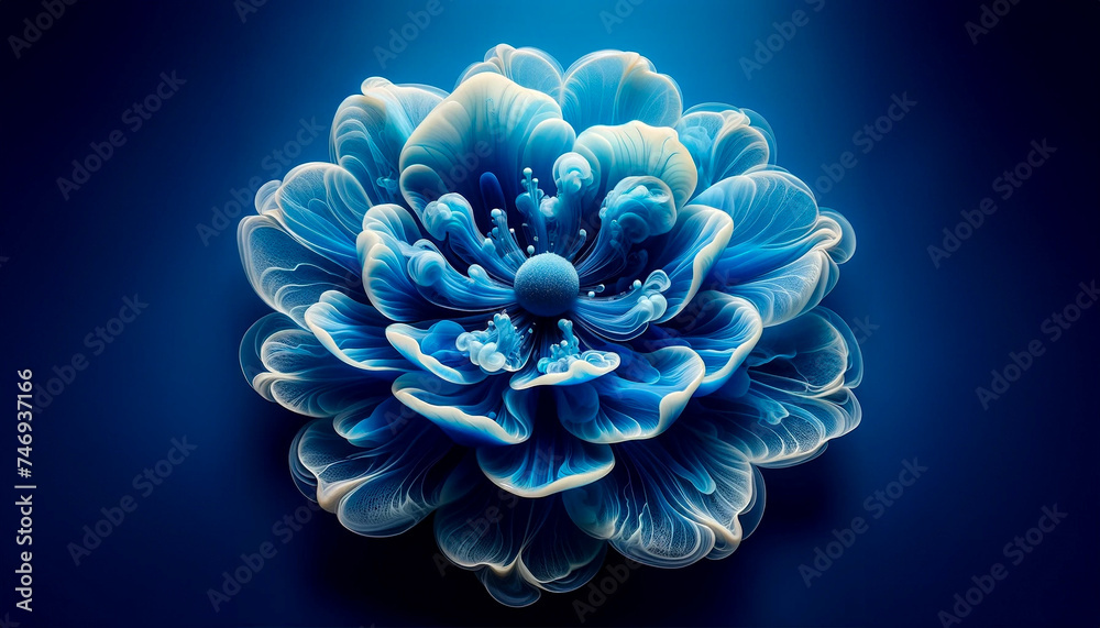 Abstract single blue flower blooming by transparent liquid fluid ink petal on blue background. 3D render style in studio light. - obrazy, fototapety, plakaty 