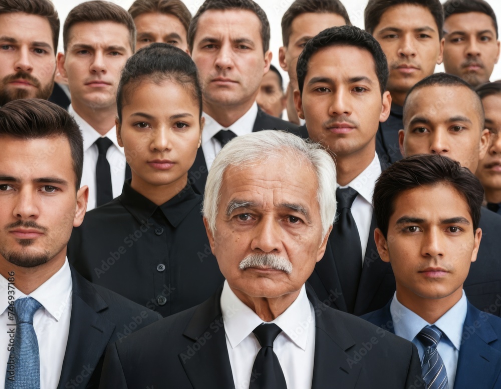 Portrait of very serious elderly business man in black suit. Group of variety of other serious people as background Portrait of very serious elderly business man in black suit. Group of variety of other serious people as background