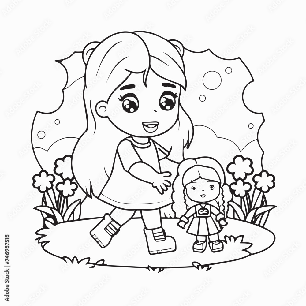 cute little girl with doll in the garden vector illustration design icon