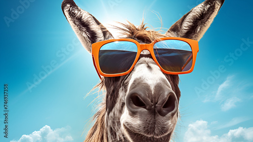 Closeup of Donkey face with sunglasses under the blue sky  photo