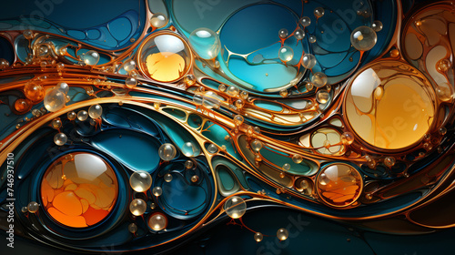 liquid acid texture, bubble, fluid, blue, gold, glossy, Colorful oil drops and swirls on a background.