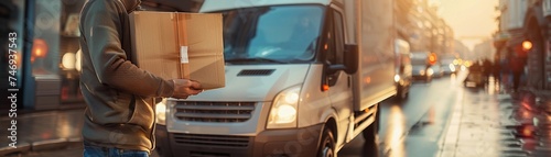 Delivery Drop-off, light truck driver making a delivery, with the driver handing a package to a customer or dropping off goods at a business, background image, generative AI photo