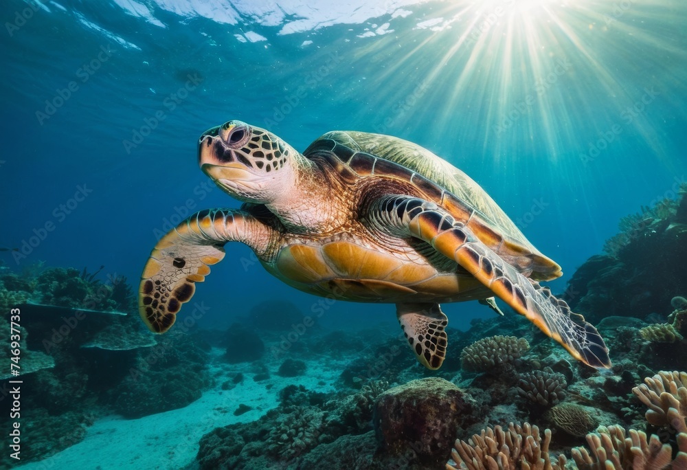 Sea turtle with sunburst in background underwater - obrazy, fototapety, plakaty 