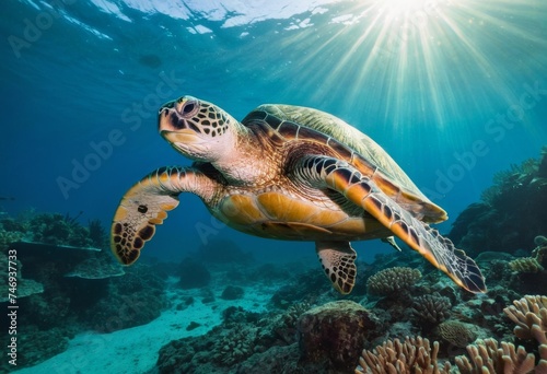 Sea turtle with sunburst in background underwater © orelphoto