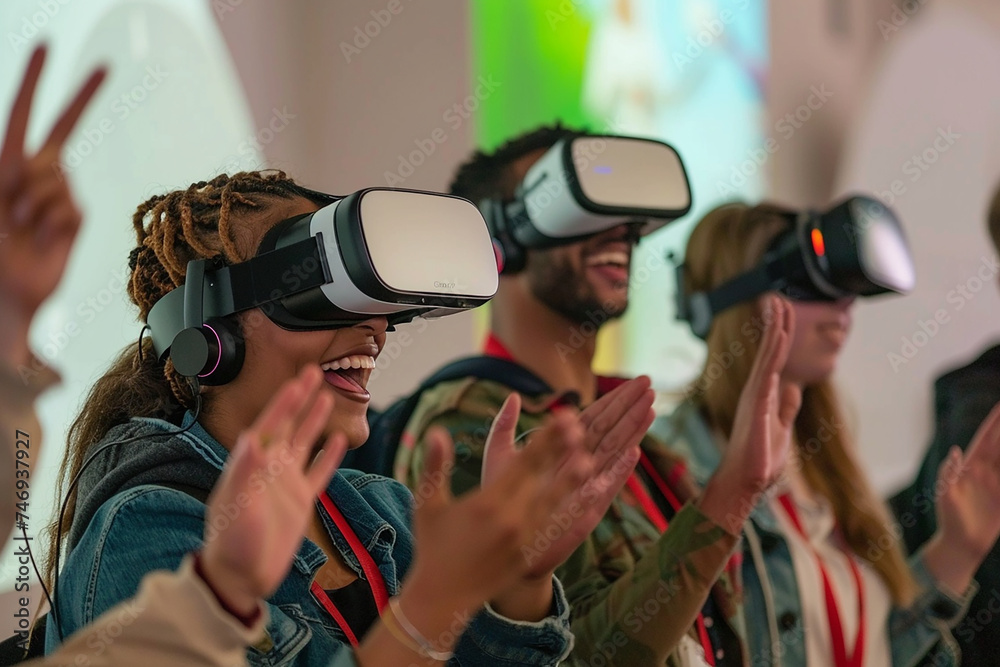 New happy generation people waring VR virtual reality headset in enterainment work social theater New happy generation people waring VR virtual reality headset in enterainment work social theater