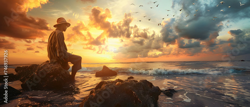 Man sitting on a rock on the seashore at sunset.
