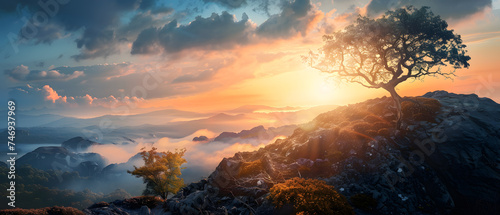 Mountain landscape with tree on the top of the hill at sunrise