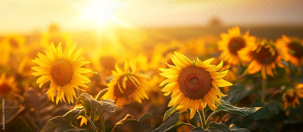 Obraz premium A field of sunflowers gleaming in the sunset with the warm sun shining through the petals, creating a stunning natural landscape
